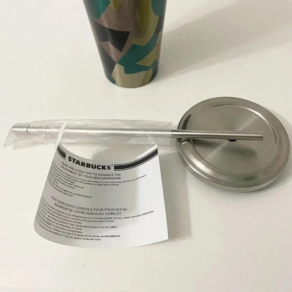 Starbucks 2014 Stainless Steel 16oz Camo Tumbler Cup With Stainless Steel Straw - Picture 6 of 16